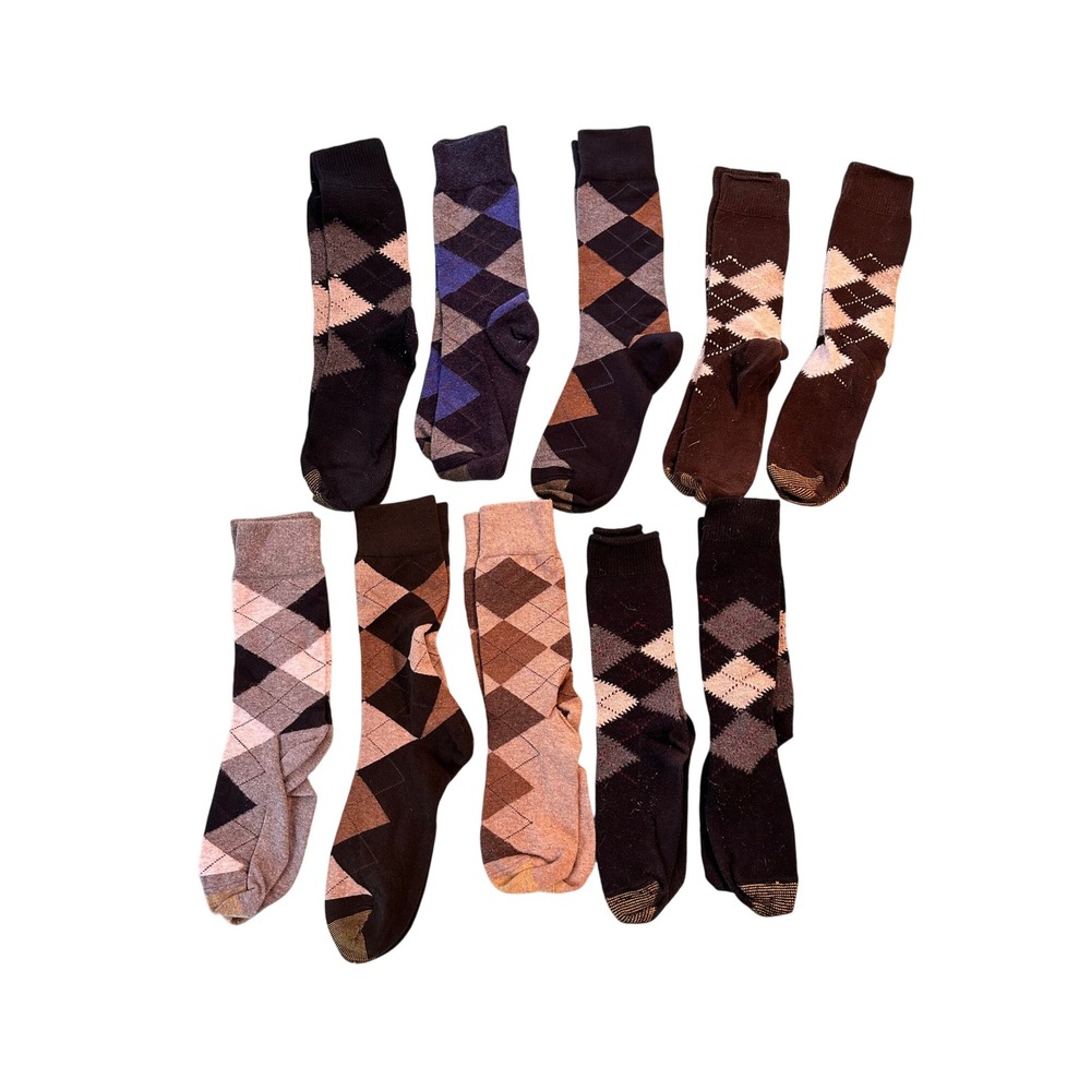 Gold Toe Mens Argyle Crew Socks‎ Bundle 10 Pairs Brown Navy Black Dress Socks